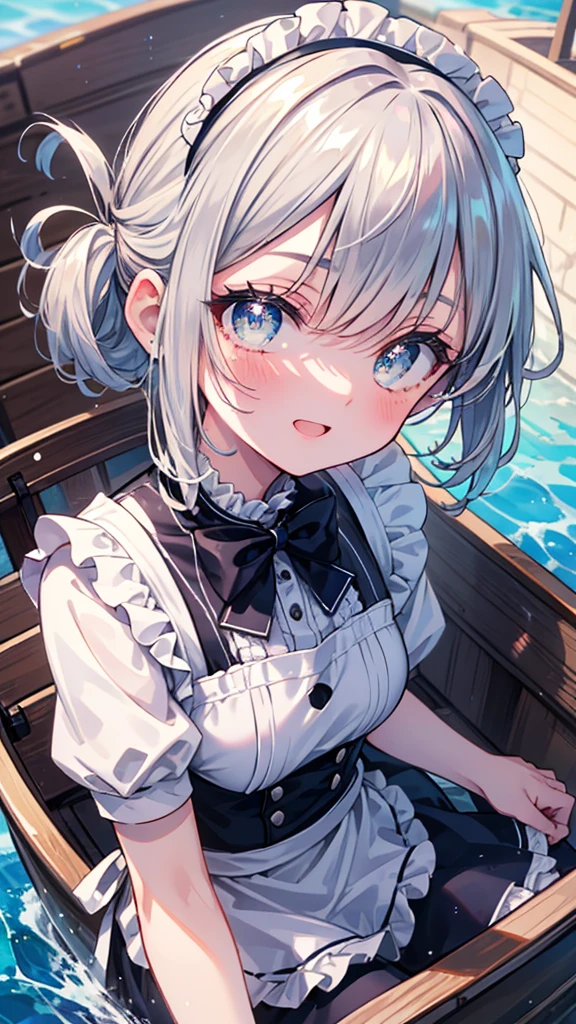 (8k, Highest quality, masterpiece: 1.2),Ultra-high resolution, 1 person, solo, Color changing eyes, Ultra-detailed, Expressive eyes, Highly detailed face, Navy blue maid outfit, Random Hairstyles、Silver gay hair, Rowboat、lake、sunlight, clavicle, Ecstatic expression,Sparkling、splash, Date, 