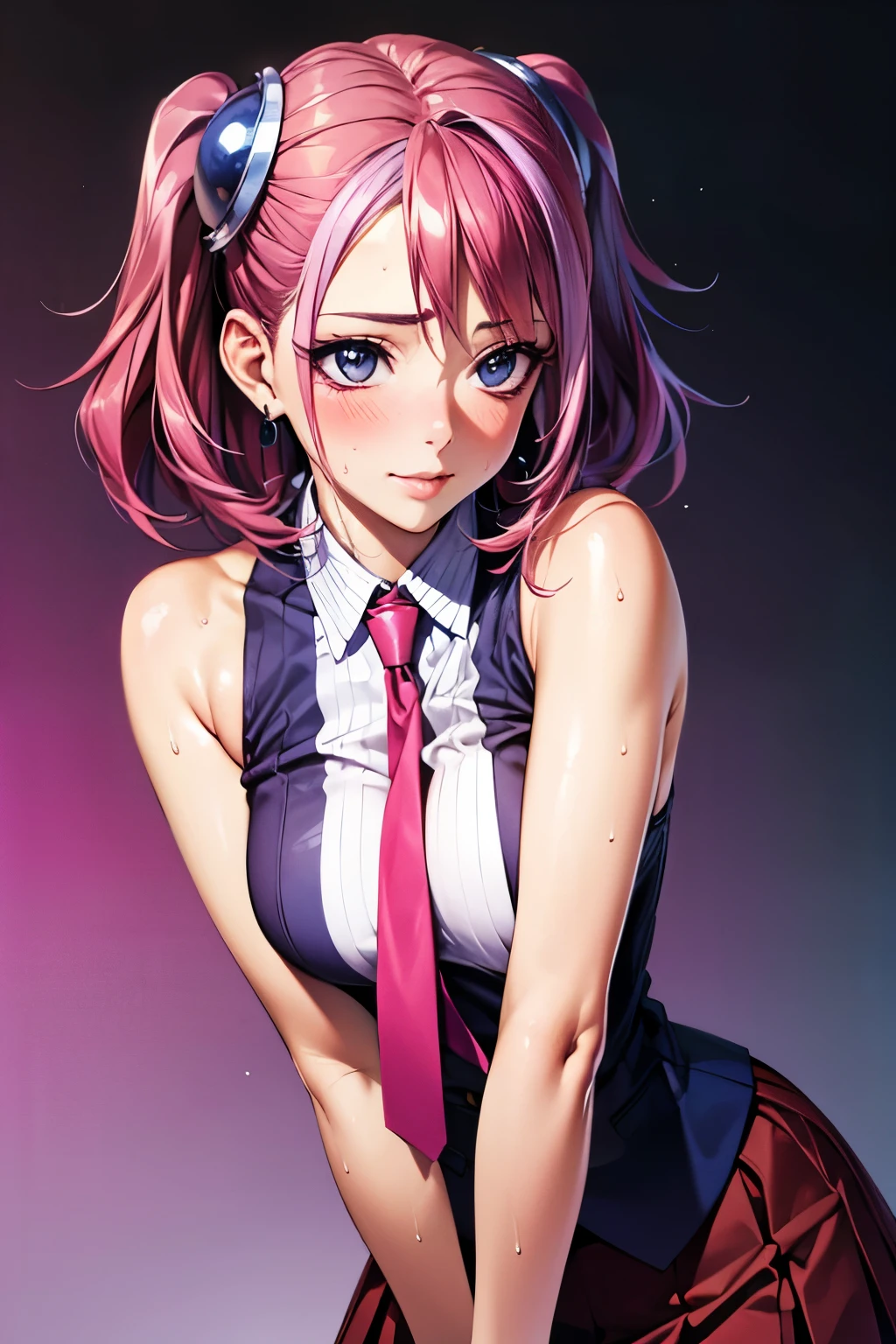 1 Female,High definition,high resolution,Ultra-realistic,8K, hy1, hair ornament, multicolored hair, necktie, skirt,pink skirt,tight skirt,miniskirt,jewelry,sexy,Upper body close-up,Photographed from the front,Dynamic Angles,blush, medium , happy, wink the eye,facial, sweat,armpit,