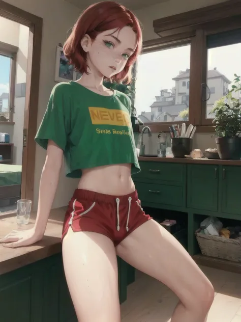 1gay boy, 12-year-old, medium red hair, green eyes, pretty face, freckles, wearing shorts and cropped shirt, tiny, little, athle...