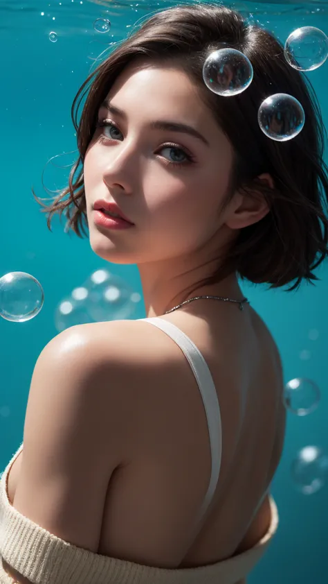 1girl, solo, looking at viewer, short hair, blue eyes, brown hair, black hair, collarbones, parted lips, water, lips, white swea...