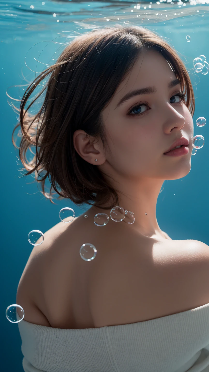 1girl, solo, looking at viewer, short hair, blue eyes, brown hair, black hair, collarbones, parted lips, water, lips, white sweater, sunlight, bubbles, underwater, ((small bubbles)), red balloons, high quality, 8k, hyperrealistic, cinematic lighting, photorealistic, masterpiece, exquisite details, intricate details, vibrant colors, natural skin tones, beautiful portrait, elegant pose, translucent water, floating bubbles, striking atmosphere, dreamlike ambience