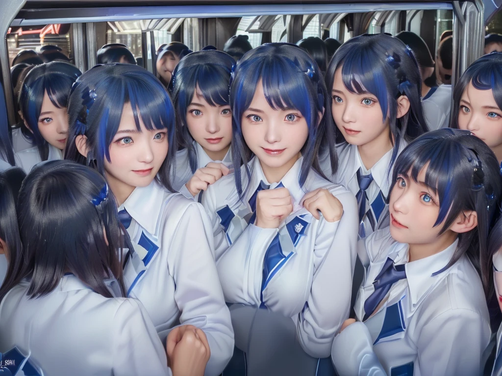 (((clone girls raw photo art))), (((Highest quality, Ultra-high resolution, Realistic, 8k))), (((Real photograph: 1.5))), (((日本人high school girl, 16yo))) , ((Beauty, Beautiful Face, cute)), (((smile: 1.6))), ((Beautiful skin of Japanese girls)), (((Black Hair, Semi-long hair))), (((Summer Girls' School Uniform))), (((White shirt, Blue check mini skirt))), (((Big Breasts, J-Cup: 1.9))), (Super Real, Soft Light), ((((((((Extremely detailed depiction, 一人のhigh school girl, clone girls:1.99)))))))), (((((6+girls: 1.99))))), (((((high school girl, Extremely detailed depiction, perfect identical faces, Perfect identical height, Perfect matching outfit, Perfect matching hairstyle, 完璧な同じJ-Cup: 1.99))))), (((数百人のhigh school girl: 1.8))), (((high school girlのみ))), ((((数万人のhigh school girlに囲まれる)))), ((数千万人のhigh school girl:1.25)), ((数百億人のhigh school girlに取り囲まれる:1.25)), (((((A packed train, Extremely crowded: 1.3))))), (((((hyper wide view: 1.3))))), ((Embrace each other, hug, kiss, Lesbian, Chest to Chest, Breast massage, high school girl行き交う, Boarding scene, Lewd))