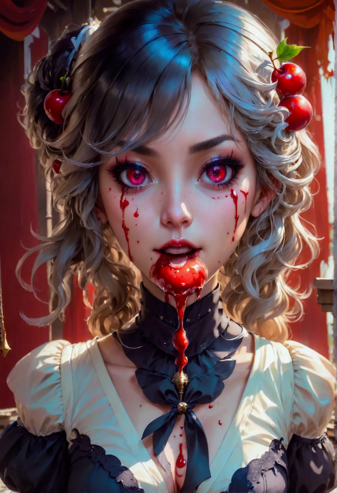 a portrait of a female vampire eating a (bloody cherry: 1.3), an exotic exquisite beautiful female vampire, dynamic hair color, ...