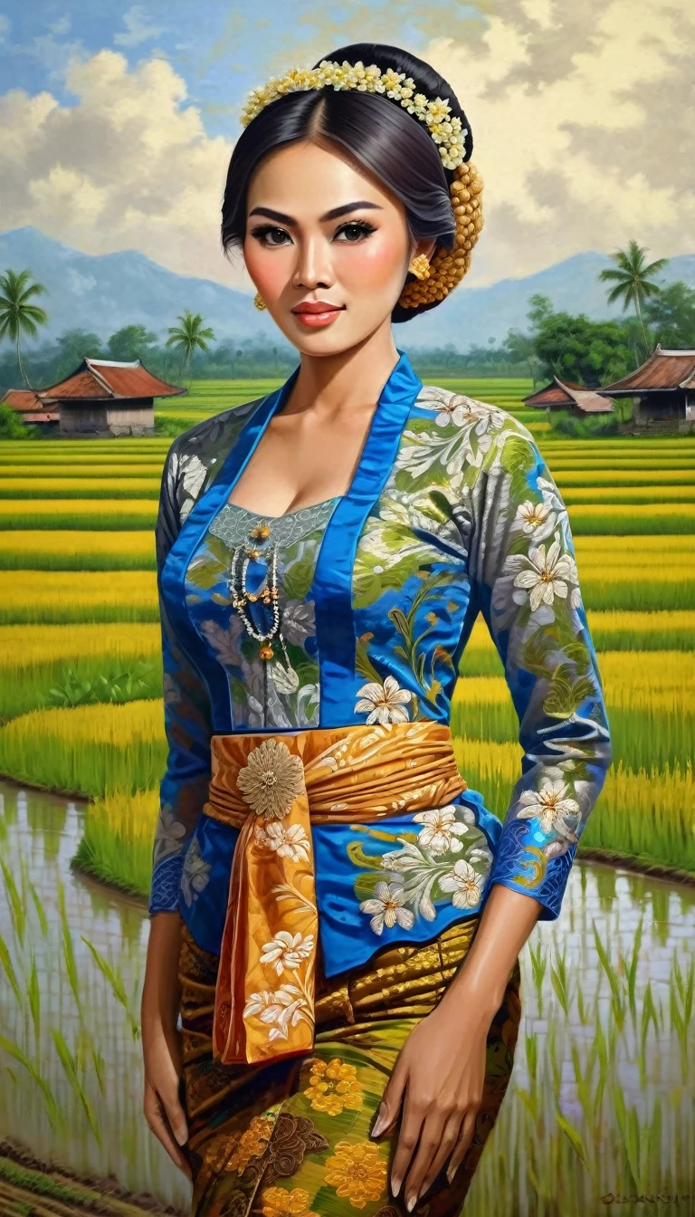 beautiful busty javanese peasant woman donning a brocade kebaya dress and batik long skirt, simple bun hairdo with small beautiful flowers in her hair, insanely detailed and intricate rice field background, oil on canvas painting, realistic style, heavily influenced by Raden saleh photorealistic brush stroke style