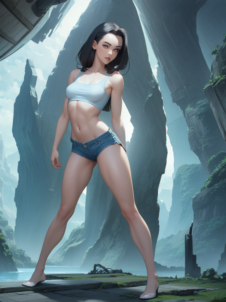 (((solo))), mature woman, High quality, highly detailed, masterpiece, RAW photo, best quality, ((very pale skin)), (thin waist), ((thin hips)), black hair, ((loose hair)), (((open forehead))), big lips, (oval shape face), (shy), cinematic lighting, lush illumination, (thin arms), (thin legs), (huge rectangle glasses), (big brows), ((small breasts)), muted colors, (white tanktop), (short jeans shorts), (full size view), atlantis the lost empire, atlantis