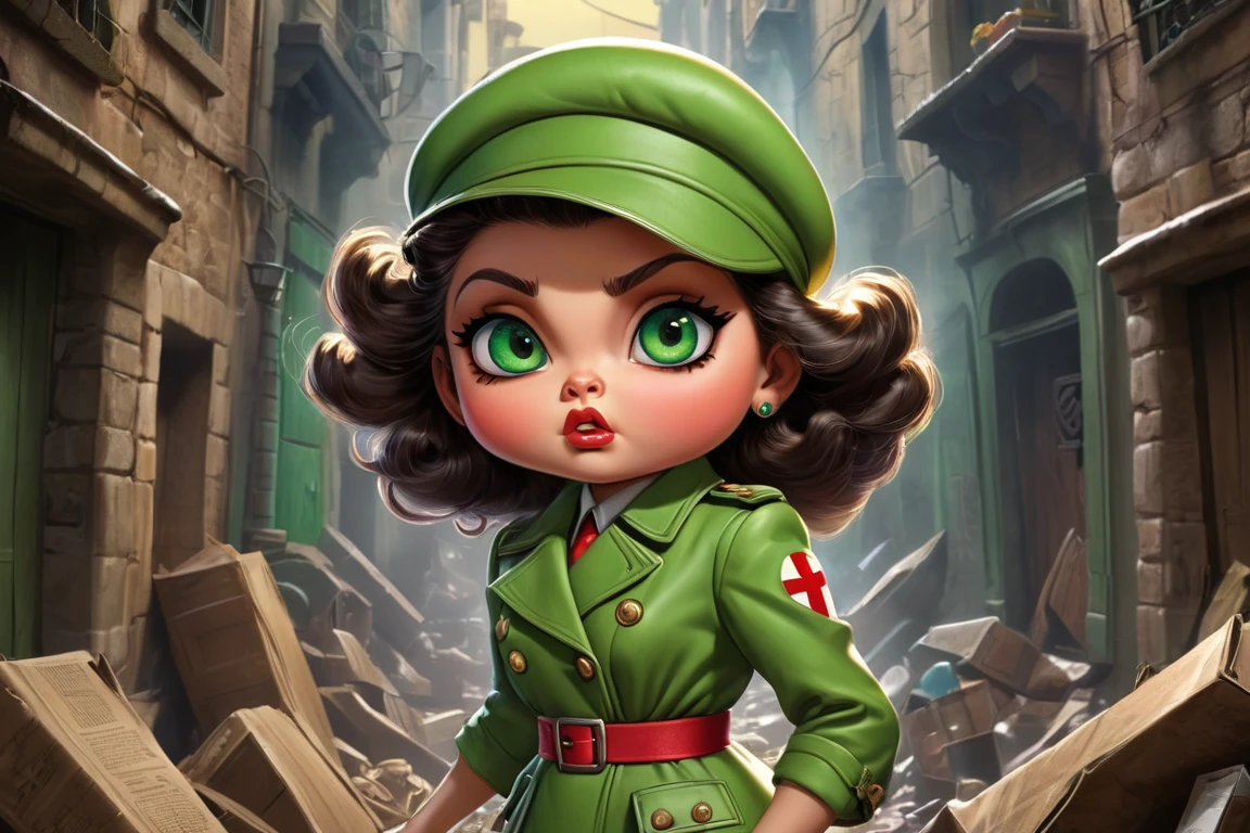 An illustration of a Garbage Pail Kids trading card featuring a quirky, exaggerated depiction of a sensual Italian brunette woman with green eyes as an Allied spy during World War II. The character, dressed in a sleek, vintage spy outfit, blends into the opulent yet dangerous world of espionage, with elements of 1940s style, such as a trench coat, fedora, and hidden weapons. She is on a covert mission to take down Nazi Germany, and the scene captures her in a tense, shadowy environment reminiscent of wartime Europe. The background hints at a Nazi-occupied city, with dark alleyways, dimly lit streets, and ominous Nazi symbols in the distance. Her expression is a mix of determination and cunning, with exaggerated features like large, expressive green eyes. The illustration blends the seriousness of the war setting with the exaggerated, slightly gross-out humor typical of Garbage Pail Kids, creating a unique and intense scene that captures both the high stakes of espionage and the playful absurdity of the trading card series