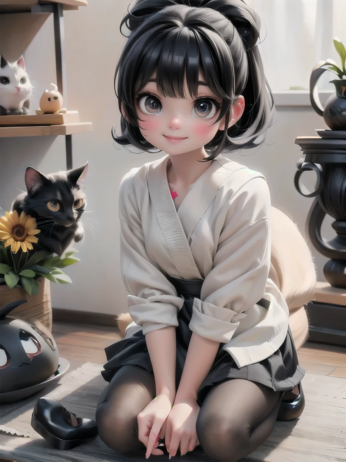 1girl smiling, black hair, hairbow, white round_toe Mary_janes pumps