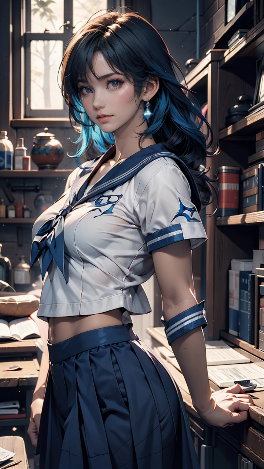 masterpiece), (Highest quality), Realistic, Cinematic Light, Mizuno Ami, Sailor Mercury, stand, Battlefield Background, Perfect body, Blue Hair, uniform  