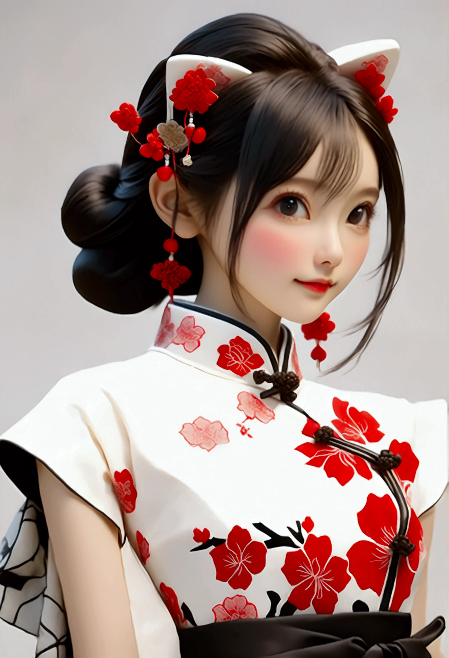 (((Showing the front view of the same 3D character IP figurine design、Side View、Rear view:1.5)))，Young fashionable girl，Wearing a fashionable ink-dyed cheongsam，Ink black and white mixed color Atles silk cheongsam，Uyghur totem cheongsam，Red bougainvillea pattern，Cheongsam style combining ethnicity and fashion，Chinese retro pattern，Cute floral pattern，airplane sleeves，Wide sleeves，Balloon sleeves，Pipa sleeves，Create 3D national trend characters，Delicate bougainvillea pattern，Multi-ethnic cultural integration，Three-dimensional Chinese style，Chinese style 3D character IP figure design，Perfectly proportioned oval face，Film-level ultra-high quality texture，Global Illumination，（Full body styling），((The same 3D character IP figure design with the same clothing and accessories from multiple perspectives，Front view of the same 3D character IP figurine design，同一个3D人物IP手办设计的Side View，同一个3D人物IP手办设计的Rear view))，
