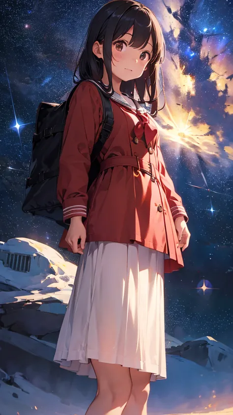 a sailor uniform dress with a long red coat over it.、a barren desert, the night sky, and the milky way galaxy.