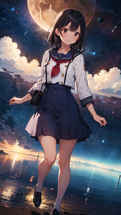 a sailor uniform dress with a long red coat over it.、a barren desert, the night sky, and the milky way galaxy.