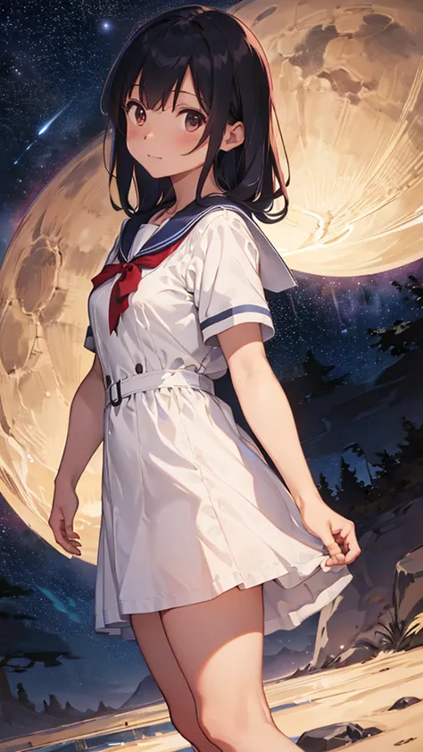 a sailor uniform dress with a long red coat over it.、a barren desert, the night sky, and the milky way galaxy.