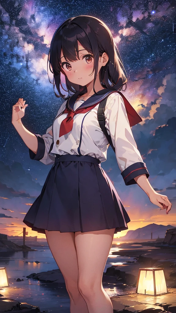 A sailor uniform dress with a long red coat over it.、A barren desert, the night sky, and the Milky Way galaxy.