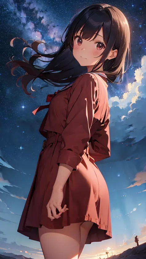 a sailor uniform dress with a long red coat over it.、a barren desert, the night sky, and the milky way galaxy.