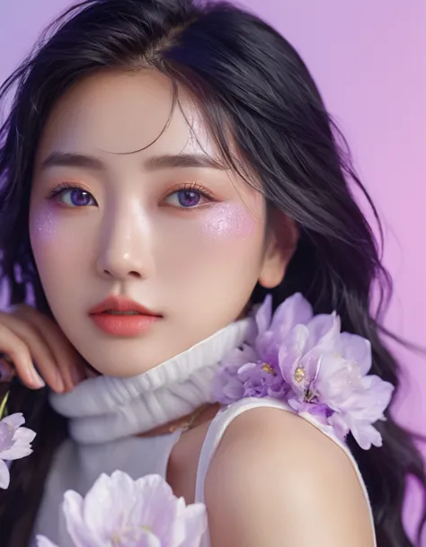 an extraordinarily detailed wide  photo potrait of young beauty korean girl k-pop idol, her face is adorned with intricate skin ...