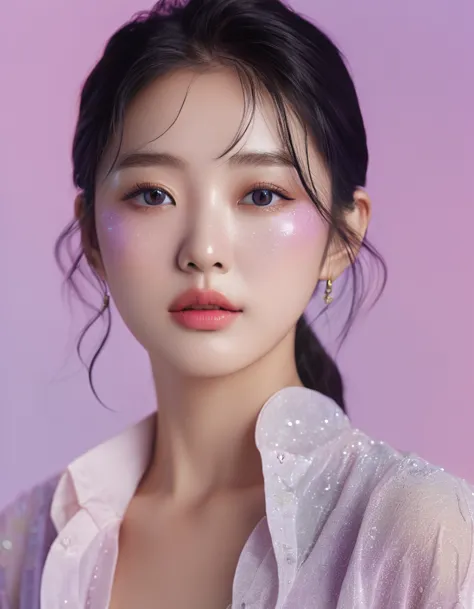 an extraordinarily detailed wide  photo potrait of young beauty korean girl k-pop idol, her face is adorned with intricate skin ...