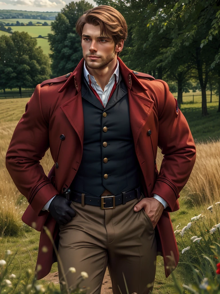 Photograph, red coat, large, young officer jacket, officer, a dirty blonde, facial hair, short, straight haired young man handsome elegant, dark brown eyes, dark brown hair, facial hair, summer afternoon, english countryside background, pride and prejudice, portrait, real photo