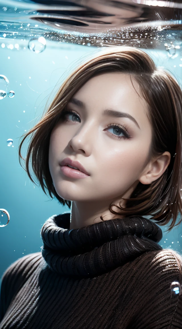 1girl, solo, looking at viewer, short hair, blue eyes, brown hair, black hair, collarbones, parted lips, water, lips, white sweater, sunlight, bubbles, underwater, ((small bubbles)), red balloons, photorealistic, 8k, vivid colors, detailed facial features, detailed clothing, dynamic lighting, ethereal atmosphere, serene underwater scene