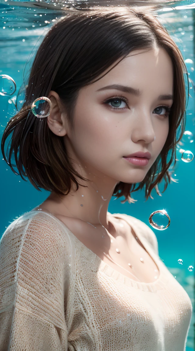 1girl, solo, looking at viewer, short hair, blue eyes, brown hair, black hair, collarbones, parted lips, water, lips, white sweater, sunlight, bubbles, underwater, ((small bubbles)), red balloons, photorealistic, 8k, vivid colors, detailed facial features, detailed clothing, dynamic lighting, ethereal atmosphere, serene underwater scene