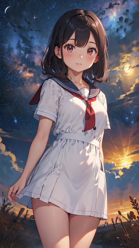 A sailor uniform dress with a long red coat over it.、A barren desert, the night sky, and the Milky Way galaxy.