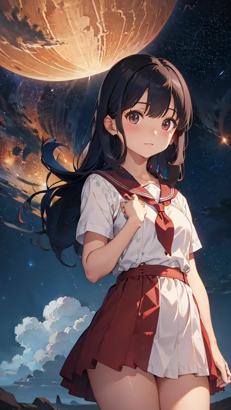 a sailor uniform dress with a long red coat over it.、a barren desert, the night sky, and the milky way galaxy.