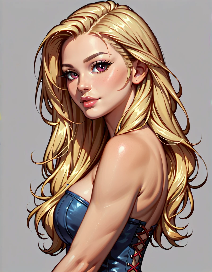 One person, alone, View your viewers, Blonde long hair, Wearing a corset, Big Ass, Brown eyes, Upper Body, Gray background, Normal boobs, lips, Realistic, A konigsreuter