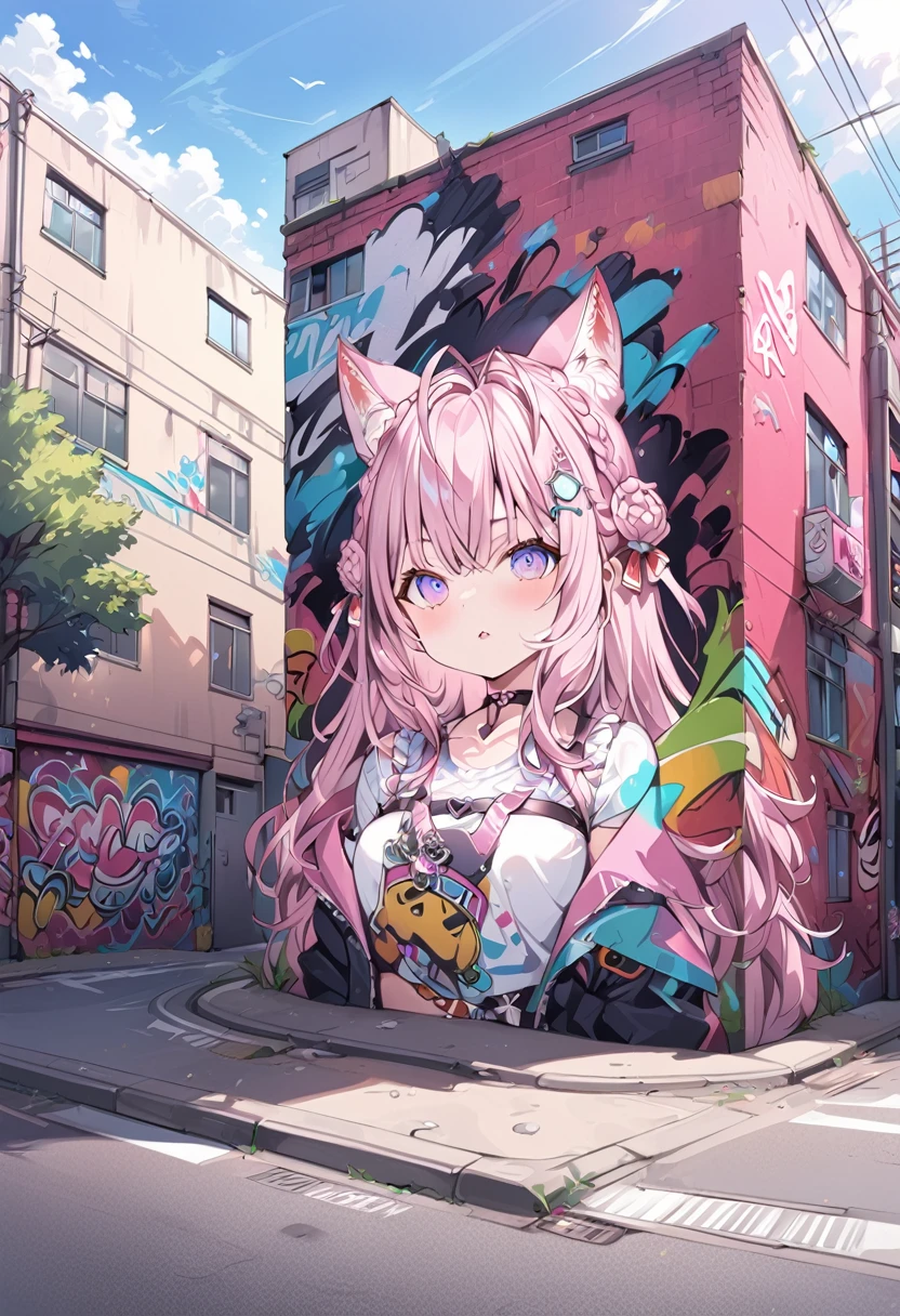 hakui koyori, konkoyo,Graffiti style, a0b, scenery, masterpiece, best quality, Street art, vibrant, urban, detailed, tag, mural,outdoor,Cat mouth