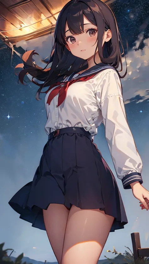 a sailor uniform dress with a long red coat over it.、a barren desert, the night sky, and the milky way galaxy.