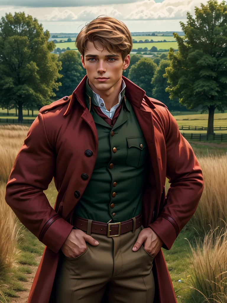 Photograph, red coat, large, young officer jacket, officer, a dirty blonde, , short, straight haired young man handsome elegant, dark brown eyes, dark brown hair,  summer afternoon, english countryside background, pride and prejudice, portrait, real photo