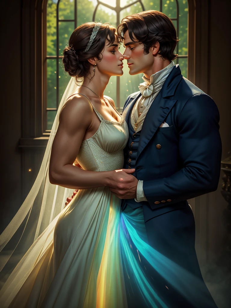 a handsome dark haired mr. darcy from pride and prejudice extremely handsome elegant clean shaven sharp jawline brown eyes build body face to face with most beautiful buxom woman elizabeth bennet dramatically almost kissing her, 1812 regency england clothing, summer afternoon, Broken Glass effect, no background, stunning, something that even doesn't exist, mythical being, energy, molecular, textures, iridescent and luminescent scales, breathtaking beauty, pure perfection, divine presence, unforgettable, impressive, breathtaking beauty, Volumetric light, auras, rays, vivid colors reflects