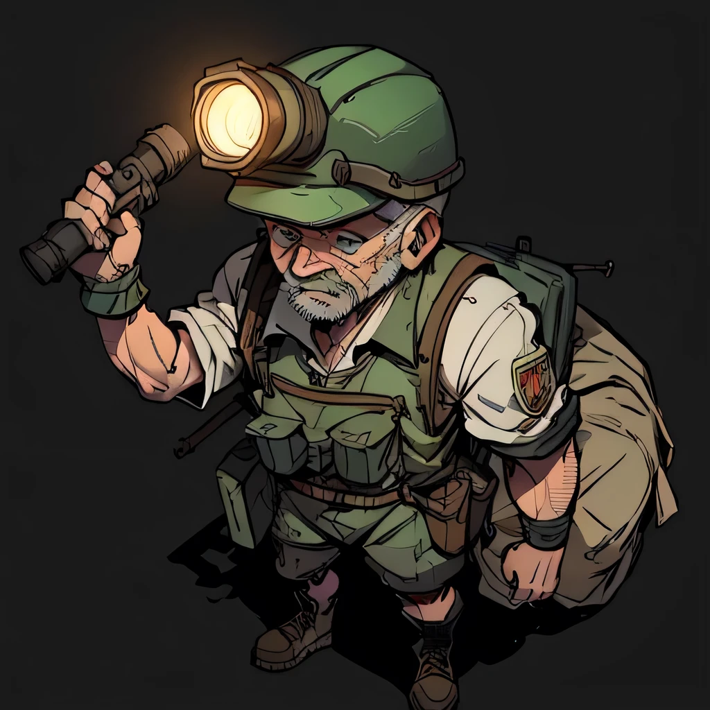 an old, tough miner with a safety helmet and a headlamp, Character's full body