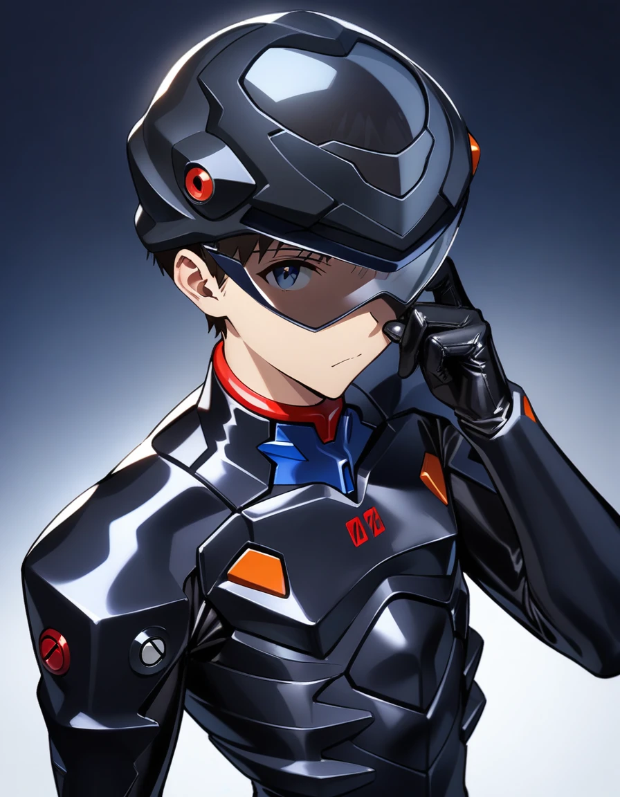 masterpiece, best quality, very aesthetic, absurdres,1boy, male focus, ikari shinji, neon genesis evangelion, looking at viewer, black plug suite, black helmet, clear dark glass,
