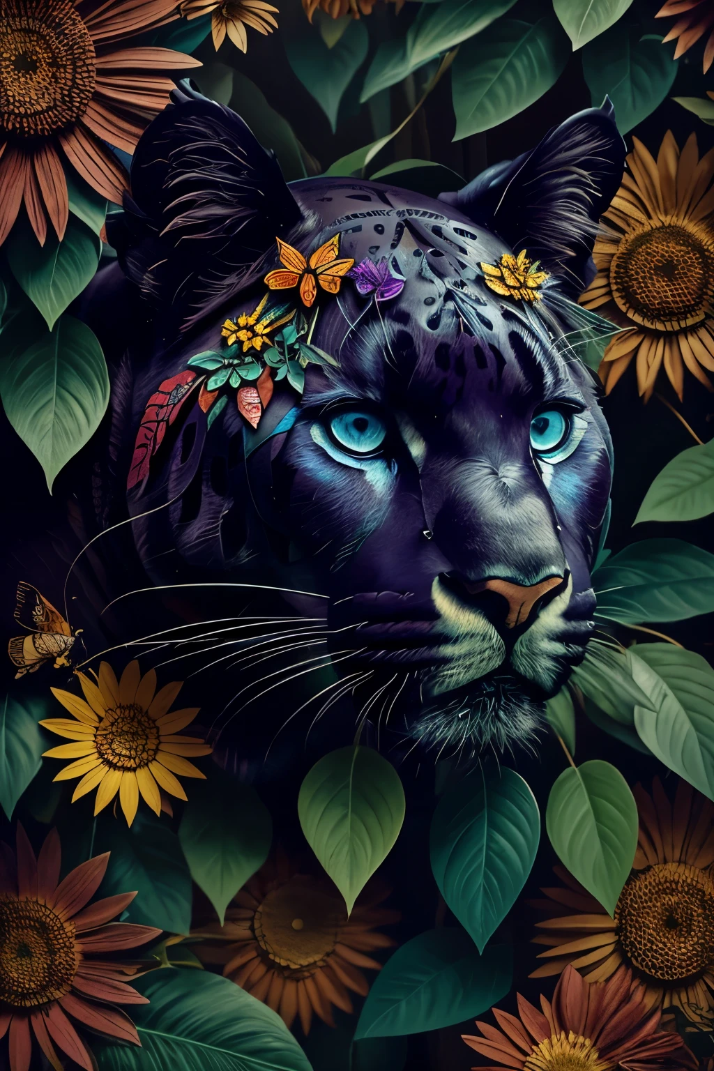 contemporary art collage, panther head, flowers, leaves, insects, detailed, full color, bright colors, 8K, photorealistic, surreal, vibrant, intricate, dynamic composition, striking contrast, masterpiece, museum quality