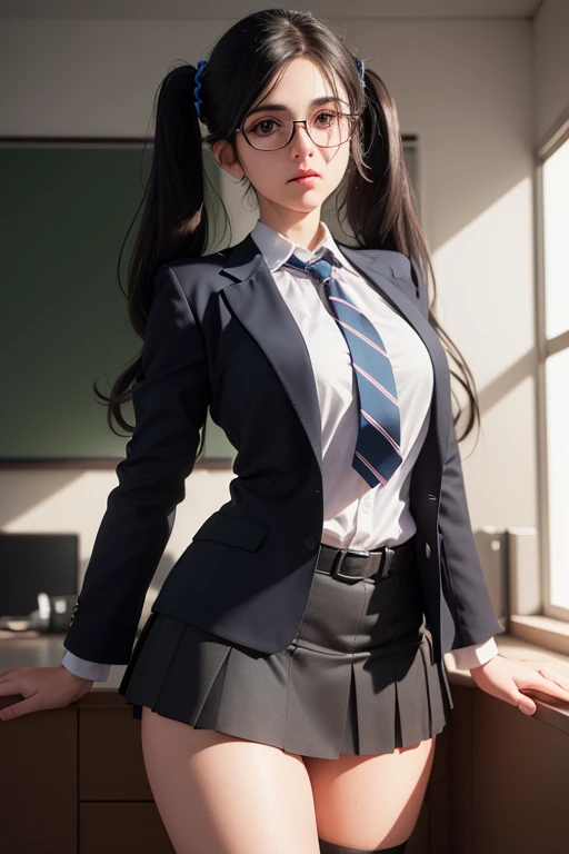 1girl, beautiful young woman, long black hair, twin tails, blue blazer uniform, tie, tight skirt, knee socks, standing in anatomy club room, gazing at viewer, sweet expression, human body drawings on blackboard, (best quality,4k,8k,highres,masterpiece:1.2),ultra-detailed,(realistic,photorealistic,photo-realistic:1.37),anatomy,scientific,precise,hyper-realistic,intricate details,vivid colors,cinematic lighting,volumetric lighting,depth of field,photo-realistic rendering