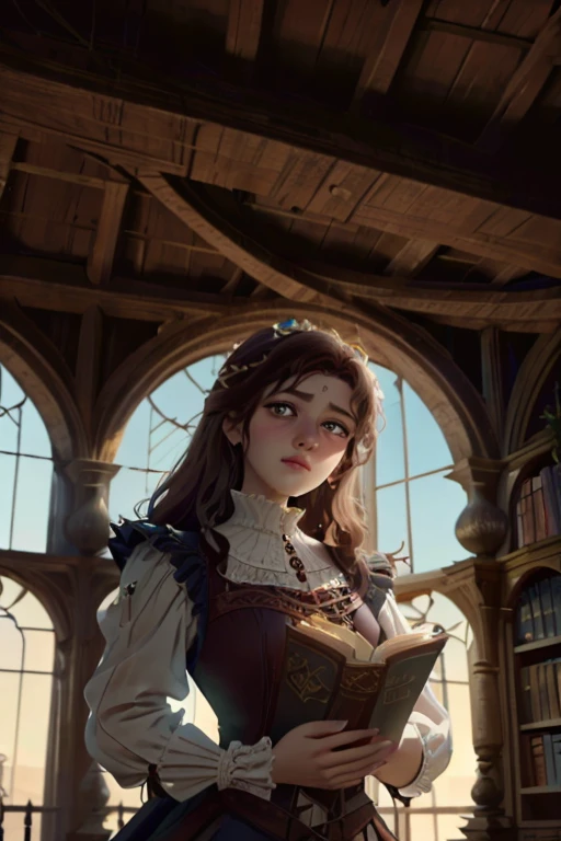 Beautiful European woman, wearing provincial medieval dress of the time; She is located in the atrium of a large library with a Gothic structure; She holds a book in her hands; clear daylighting; Her gaze has been captivated by her reading; woman with curly dark brown hair; eyes consumed by reading it; masterpiece; fine details in the woman; fine details in the woman's hands; fine details on the woman's face; cinematographic image