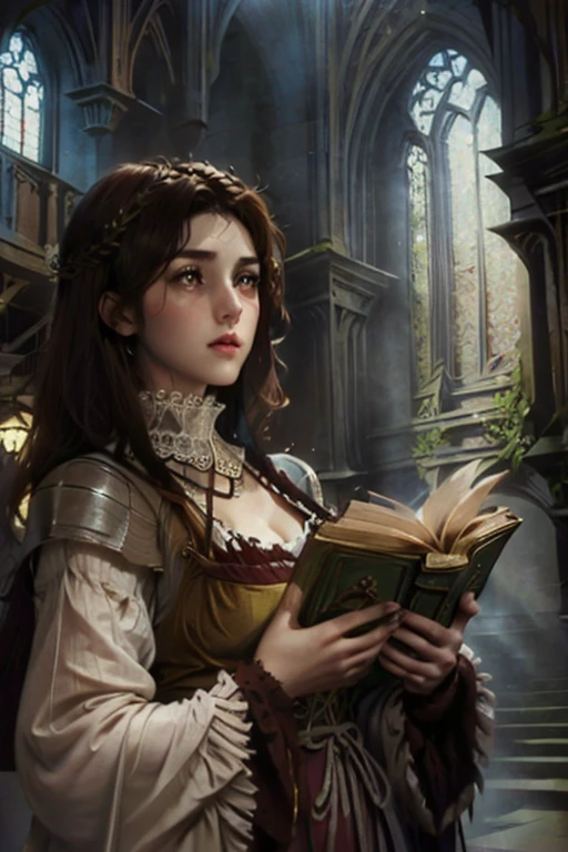 Beautiful European woman, wearing provincial medieval dress of the time; She is located in the atrium of a large library with a Gothic structure; She holds a book in her hands; clear daylighting; Her gaze has been captivated by her reading; woman with curly dark brown hair; eyes consumed by reading it; masterpiece; fine details in the woman; fine details in the woman's hands; fine details on the woman's face; cinematographic image