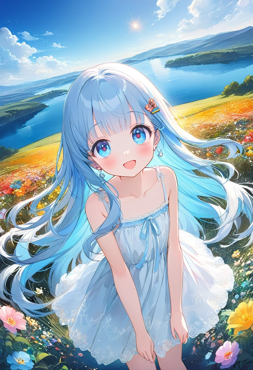 masterpiece, best quality, extremely detailed, (illustration, official art:1.1), 1 girl ,(((( light blue long hair)))), ,(((( light blue long hair)))),light blue hair, , long hair ((blush)) , cute face, big eyes, masterpiece, best quality,(((((a very delicate and beautiful girl))))),Amazing,beautiful detailed eyes,blunt bangs((((little delicate girl)))),tareme(true beautiful:1.2), sense of depth,dynamic angle,,,, affectionate smile, (true beautiful:1.2),,(tiny 1girl model:1.2),)(flat chest),absurderes, ultra-detailliert,bright colour, extremely beautiful detailed anime face and eyes, view straight on, ;D, ,Delicate beautiful face, red blush、Blue eyes,  hair clips, earrings, Beautiful skyline，magnificent sky，beautiful and delicate eyes，Cute Girly，Perfect slim body，sun dress，Pure eyes，The skin is smooth like a baby，Stand on a high mountain and look at the sky，lakes，Colorful flowers and plants。
