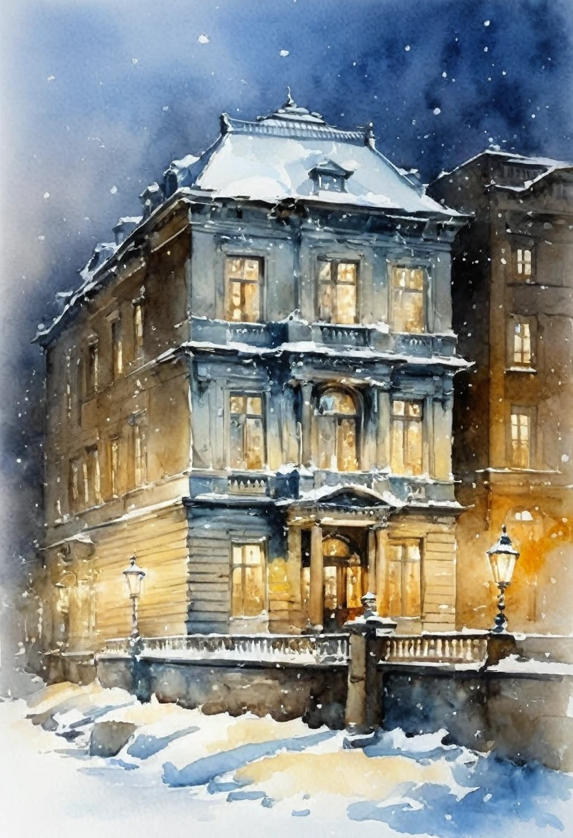 (Watercolor in Sargent style)、(highest quality、masterpiece) nightlight , winter and snow , old building, elegant and old , a little deteriorated ,