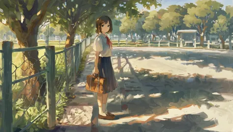 the image portrays a serene outdoor setting, possibly a park or a school grounds. a young girl with short brown hair is standing...