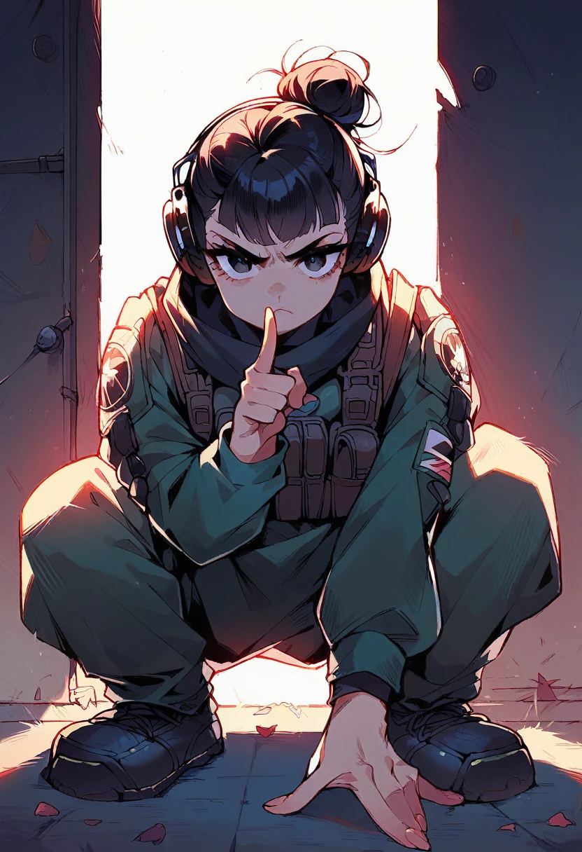 pov holding the viewer down, female Special Ops in black tactical tight stealth suit, headphones, shushing gesture pointing finger, serious expression, messy bun with dark hair, low-key lighting, stealth, dark dimly-lit millitary base, crouching