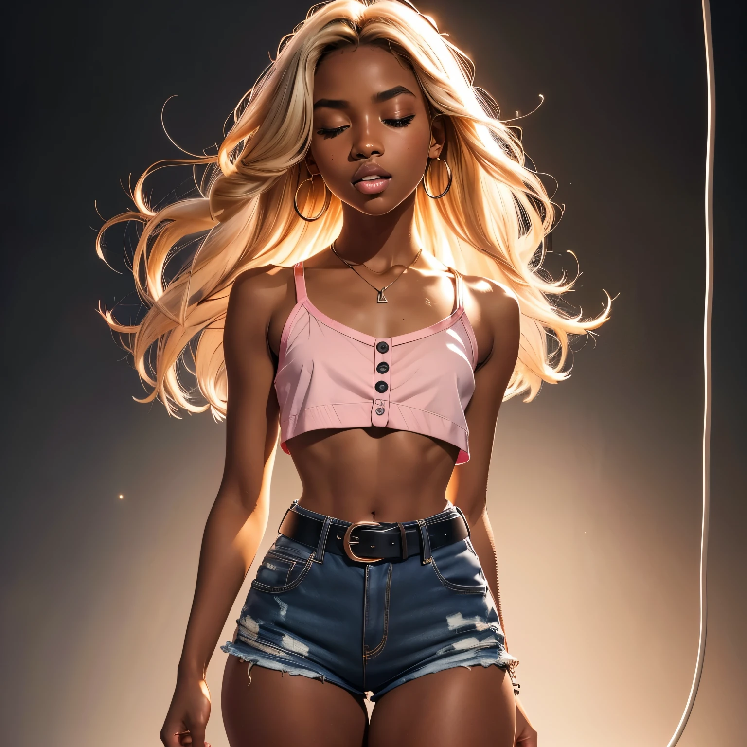 in laboratory, (18 years old), (dark skin), dark skin, wide shot, blond hair, orgasm, (white button down top, pink shorts with belt), (Masterpiece, Professional lighting, 16k, 8k wallpaper, raw photo, photorealistic:1.8, ultra detailed, natural lighting, detailed skin sexy pose, open mouth, big lips, night time, eyes closed, magic energy, neon light, orgasm, screaming, narrow shoulders, thick thighs