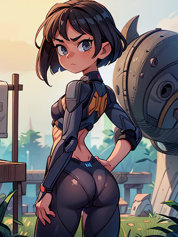 masterpiece, best quality, ultra realistic, hyper-detailed, 8k resolution, RAW photo, sharp focus, (1girl), solo, gorgeous face, slim body, Firm chest, teen female, 15yo, portrait, mecha, dark grey armor, nanosuit, sexy, short hair, cinematic, butt, Buttocks, cameltoe, cute bum, cinematic light, dark theme