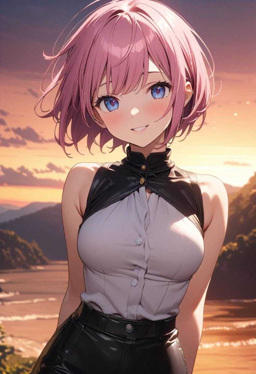 (Highest quality, 4K, 8k, High resolution, masterpiece:1.2), Very detailed, Picturesque, Anime style photo, Photo Animation:1.37)、Japanese、(Pink Hair)、(Pixie Cut)、smile、Black choker、Leather pants、 partially undressed、whole body、Nakano Ichika