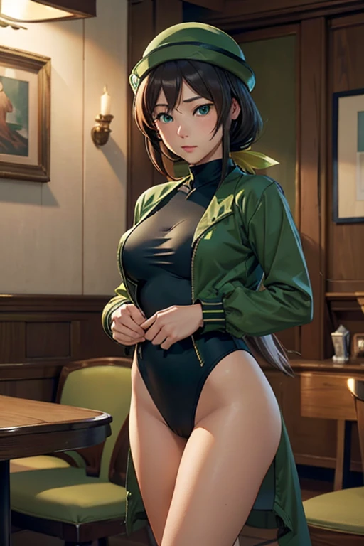 (masterpiece、Highest quality、High resolution、Unity 8K、Highly detailed CG:1,Best photo), 既婚女性が誰かを誘惑してAdulteryをする. She should have a confident and alluring expression., She is dressed elegantly, yet slightly provocatively.. create a cozy and private space., In a dimly lit room or a quiet corner of a cafe,. The atmosphere must convey a sense of secrecy and forbidden allure.. Hayakawa Tazuna, Low Ponytail, Green hat, Green jacket, Black high leg swimsuit, Browsing Caution, Adultery, Bitch in heat, Open jacket