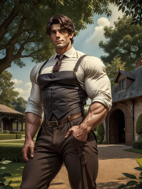 book cover art, a handsome dark haired muscular man, brown pants, suspenders, trees, grey english mansion and stables background...