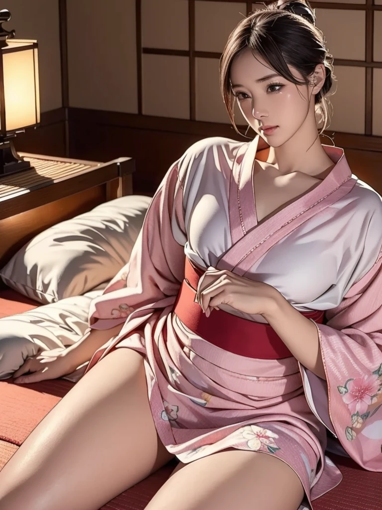 (Highest quality, masterpiece:1.2), Very detailed, (Realistic, photo-Realistic:1.37), intricate skin detail, Four fingers and a thumb, Japanese hot springs旅館で時間を満喫する, Japanese-style room, Futon spread on tatami mats, Japanese futon, Japanese hot springs, Delicate facial features, Whimsical atmosphere, Very detailed目と顔, Long eyelashes, Beautiful attention to detail, Beautiful lip detail, One person, photoRealistic, 4K, 8k, High resolution, Browsing Caution:1.6, (((yukata))), A little bit, shoulder, (((Thighs)))