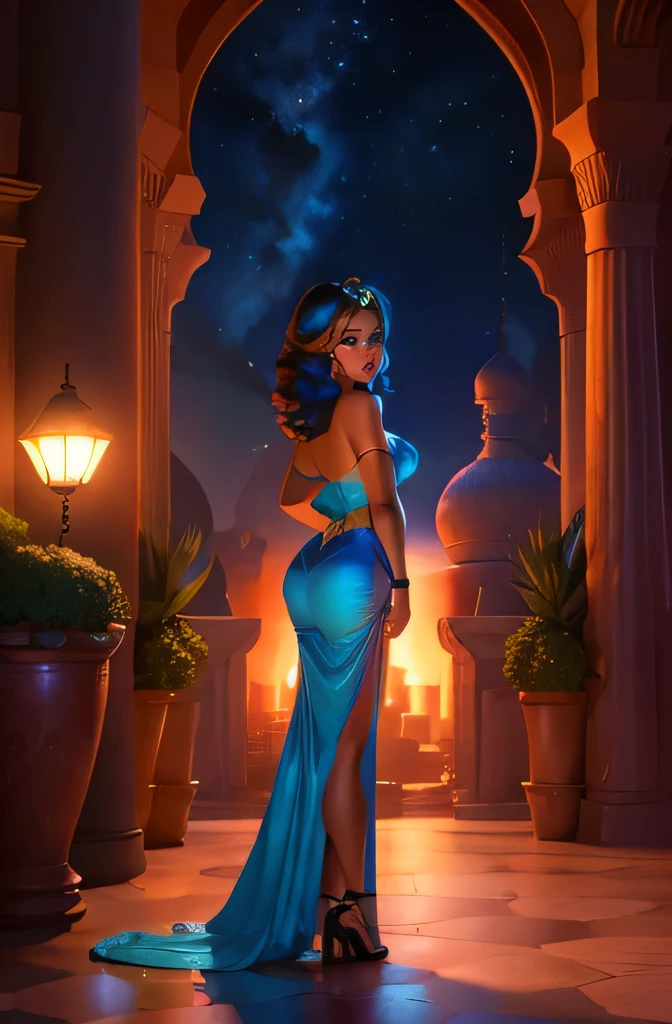 jasmine, dark-skinned female, pale skin, multi-tied hair, night sky, long hair, full length blue maxi dress, legs slit, high hells, large breasts, large ass, full body shot, facing viewer, looking seductively at viewer, standing up, full body shot, Princess Jasmine, surrounded by lush gardens and Arabian architecture, (Agrabah:1.1), Arab architecture, Disney style, magical lighting, enchanting atmosphere, Digital artwork, Resolution: 4k, cinematic view, scenic perspective, (best quality:1.2), (masterpiece:1.3), (high resolution:1.3), 