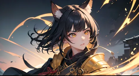 masterpiece, best quality, 1girl, black hair, ,yellow eyes, fox ears, samurai, lightning aura, detailed eyes, detailed facial fe...