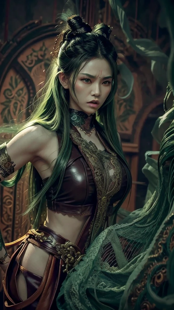 8K , Indonesian woman with tall body and long legs and muscular build, 38 years old , Woman wearing leather rock n roll clothes with lace, Dramatic images , Beautiful , Extremely detailed , Angry face , ((Hair blowing:1.3 )) , green hair, pose comes out of a magical portal