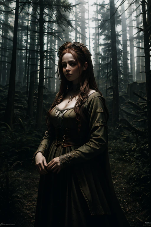  A hyperrealistic very pale woman with a long messy-straight redhair, freckled skin, skin pores, realistic textured skin, illuminated skin, wearing twigs on her head, wearing a white gothic dirty old dress. she is eating an apple and  is dancing in a forest around a big bonfire. Realistic textures, dark horror atmosphere, with dramatic lighting and intricate details in both the woman and the surroundings. A dark fantasy horror forest design, with shadows and light playing off her, intricate details, high contrast, high sharpness , (extremely detailed 8k wallpaper), (natural lighting), high qualiy, film grain, Sharp focus Fujifilm XT3, f5.6, 135mm, high détail, sharp focus, (external light), crazy details, complexdetails, hyperdetailed,